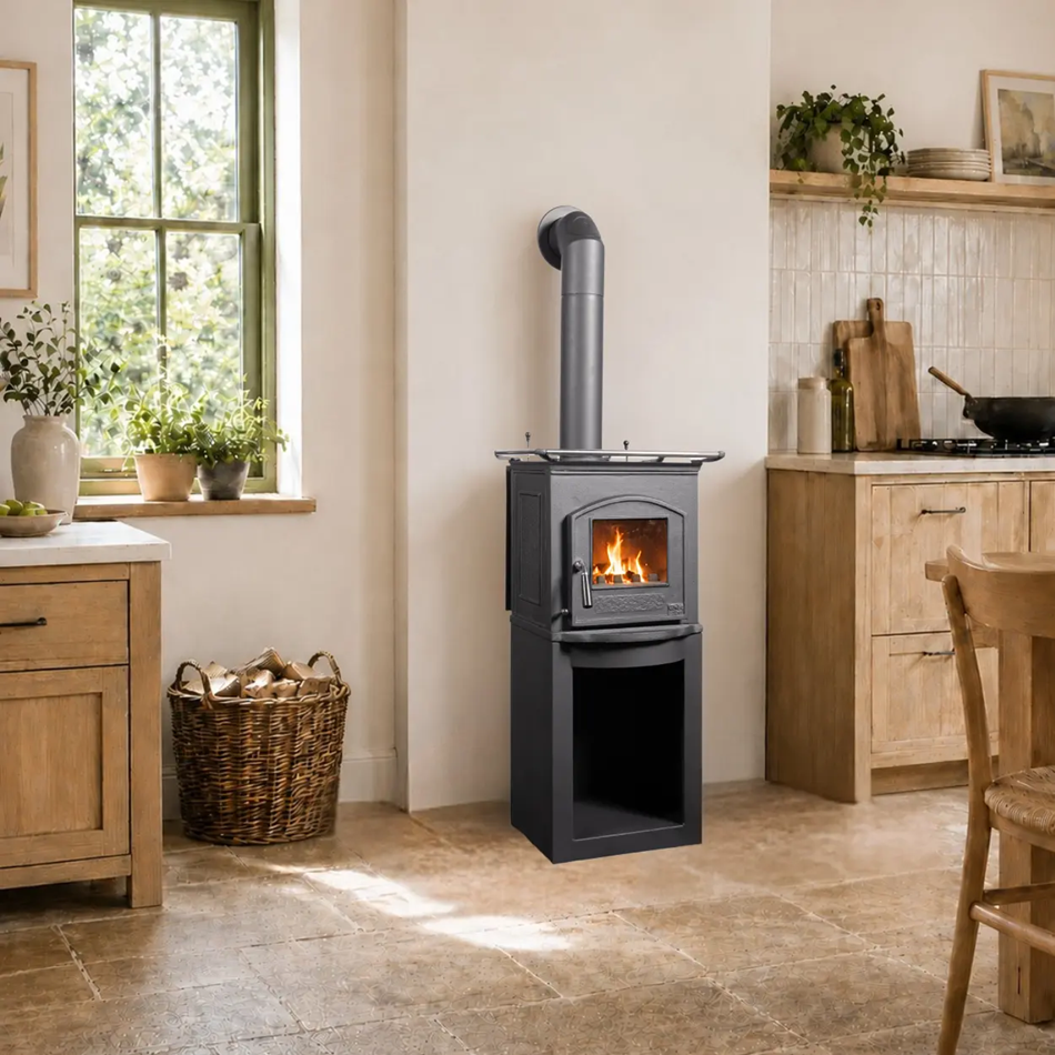 Globe Fire Pluto II kleiner Küchenofen aus Gusseisen zum Heizen und Kochen